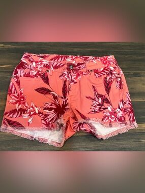 VENUS Coral Denim Shorts with Red and Pink Floral Print (Size 4)